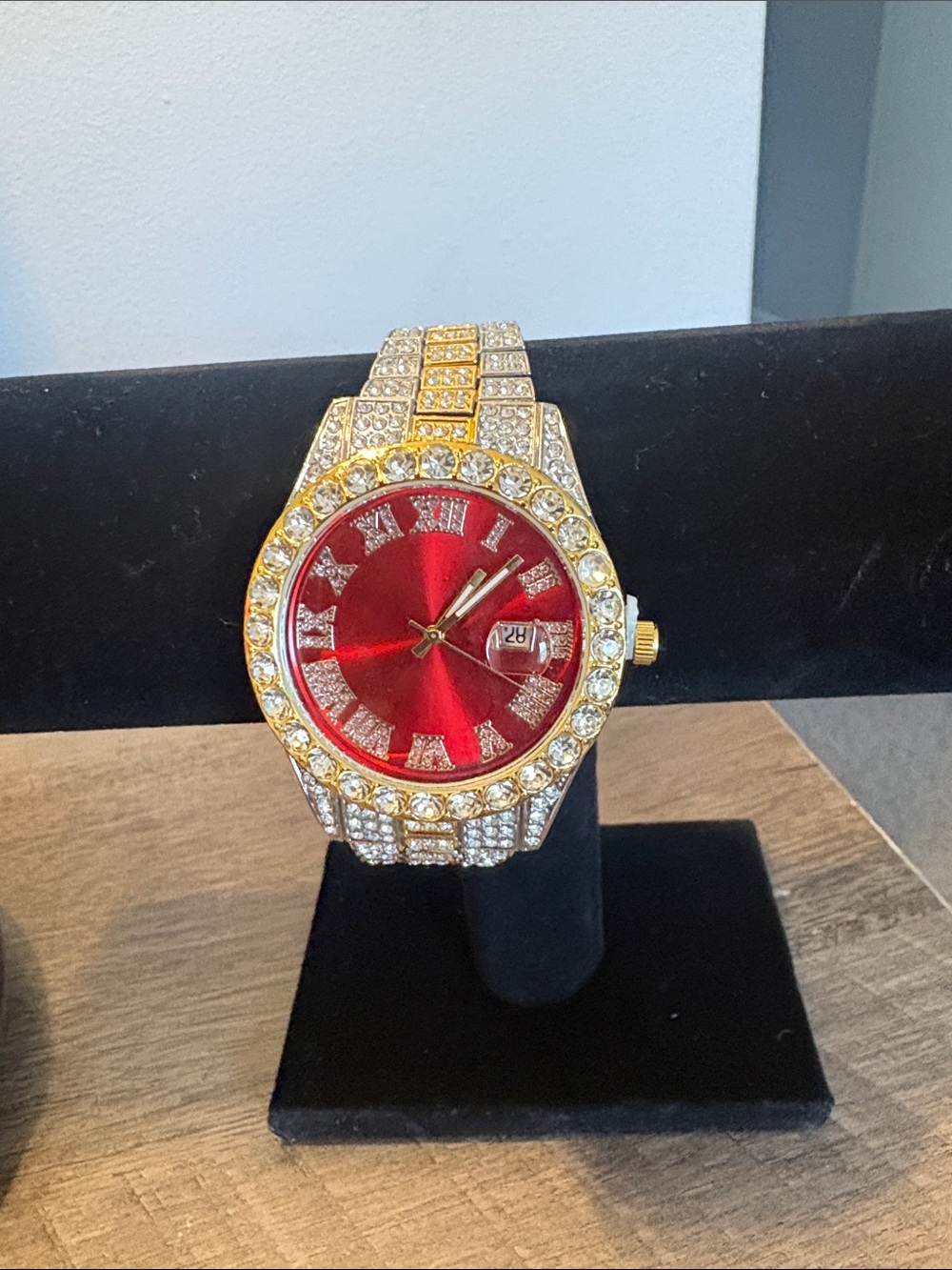 Gold-Tone Red Dial Men’s Crystal Bracelet Watch